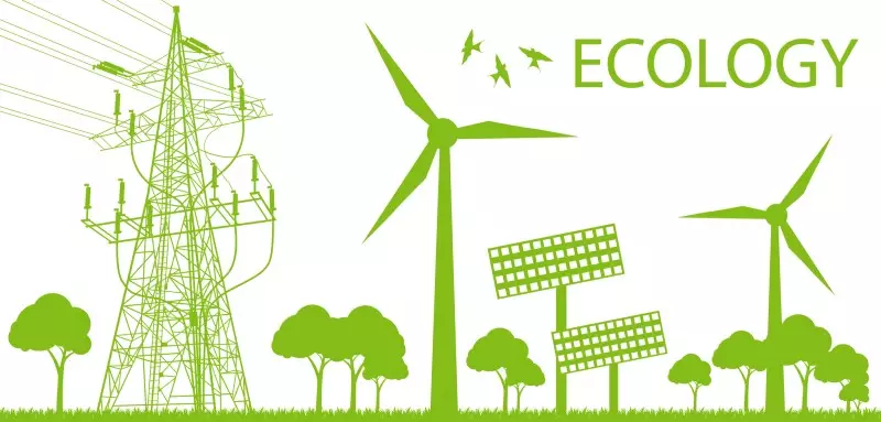 Color green and whit vector image with the word ecology showing solar panels, wind turbines, and high voltage electrical lines with a nature back drop.