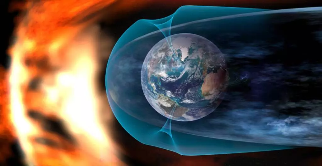Color vector image of a direct hit of a massive coronal mass ejection (CME) from the sun directly on the earth in a black space background.