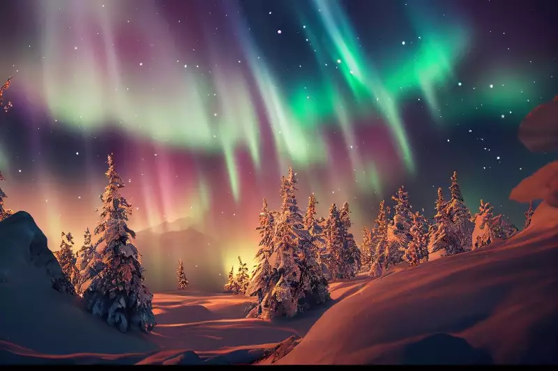 Color night time photograph of multi colored aurora borealis or Northern lights over snow covered spruce trees in Alaska.