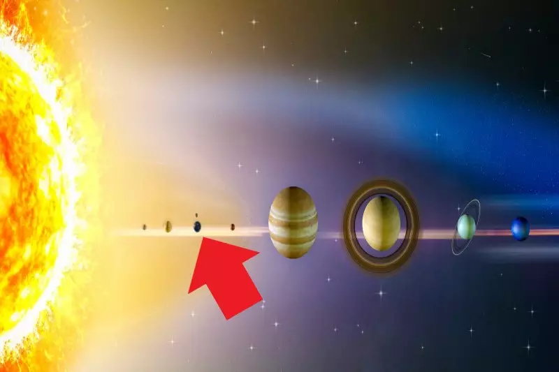 Color vector image of the planets in our solar system next to our massive blazing sun showing the distance of the earth with large red arrow and coronal mass ejection.