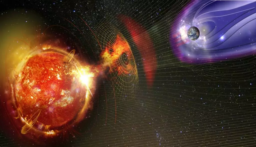 Color vector image of a Coronal Mass Ejection (CME) hurtling towards Earth and hitting its magnetic field against magnetic wave flow lines.