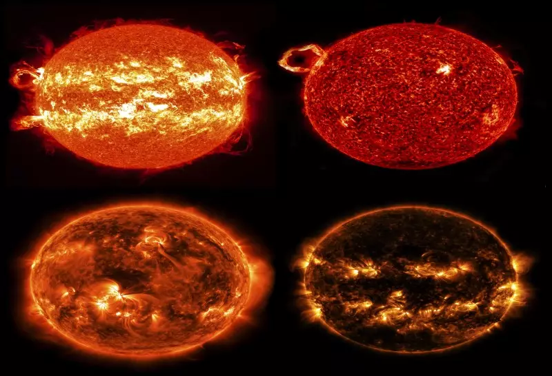 Color photo of four (4) different views of states of the sun including coronal mass ejections CMEs on a black background.