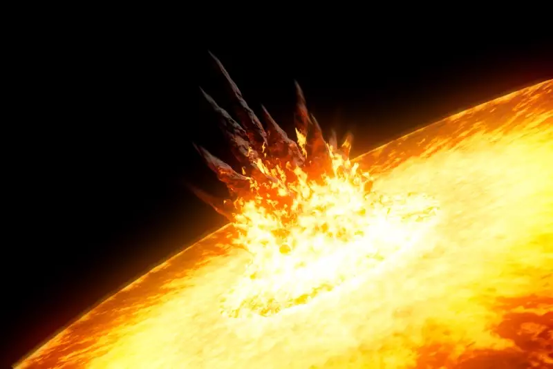 Color photo representation of a Blast-Associated Coronal Mass Ejections (BCMEs) on the surface of the sun on a black space background.