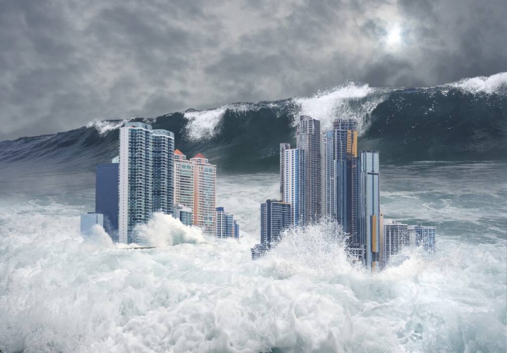 Color vector image of massive 500 foot tsunami waves preparing to crash into a city sky scraper tower.