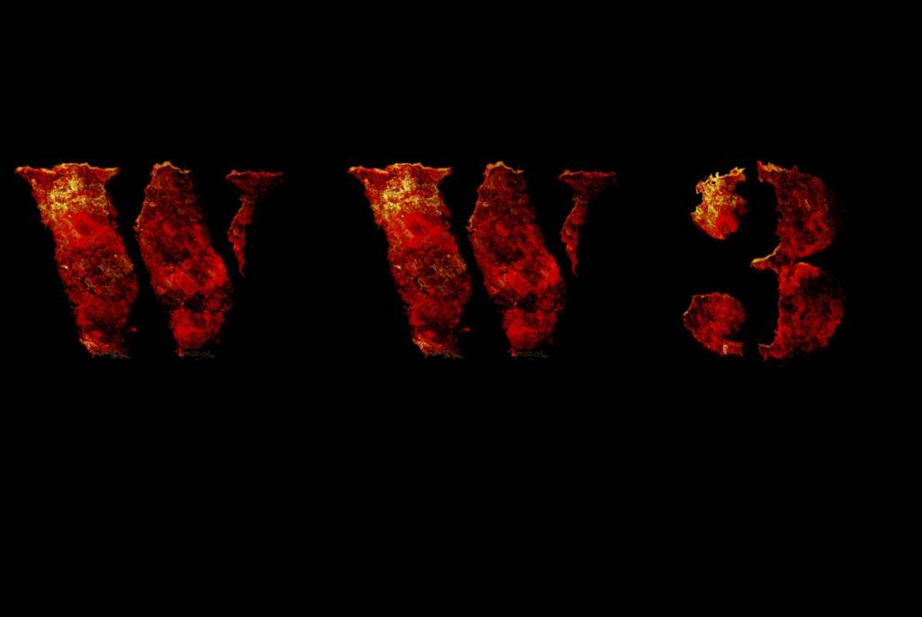 Color Vector image with the flaming fire orange words WW3 Meaning World War III on a black background.