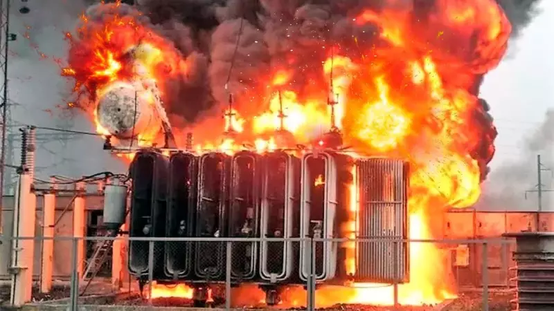 Color photo of a massive electrical transformer fire.