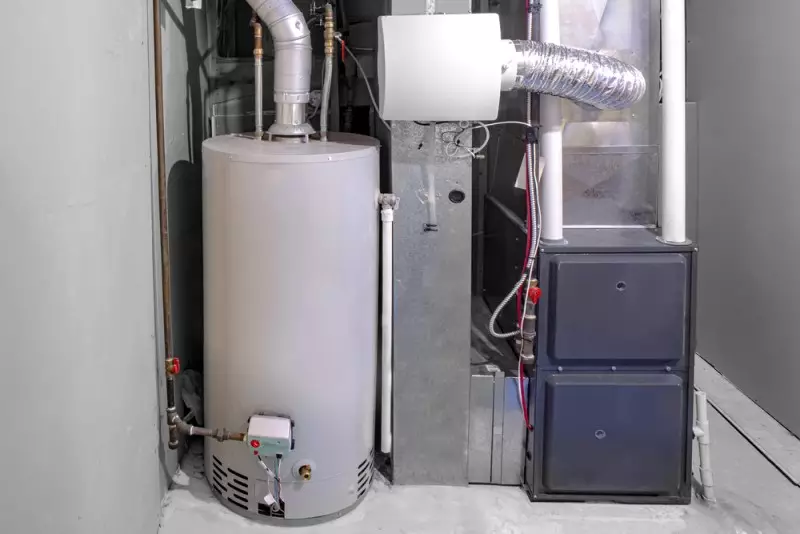 Color photo of a residential gas furnace, water heater, and humidifier.