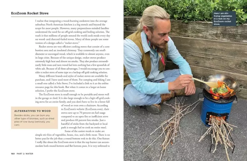 Color photo excerpt from the book, The Disaster-Ready Home: A Step-by-Step Emergency Preparedness Manual for Sheltering in Place on the EcoZoom Rocket Stove type outdoor stoves.