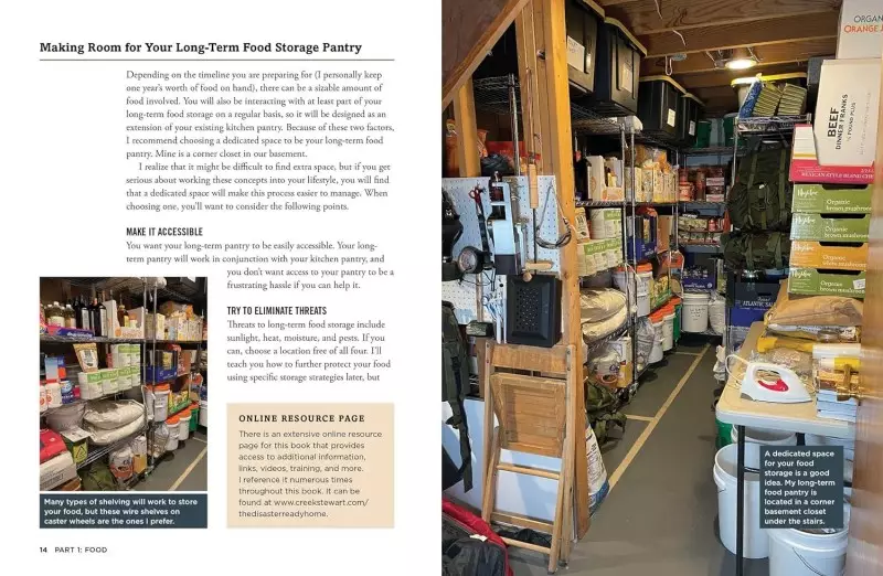 Color photo of an excerpt from the book, The Disaster-Ready Home: A Step-by-Step Emergency Preparedness Manual for Sheltering in Place on making room for your long-term food storage pantry.